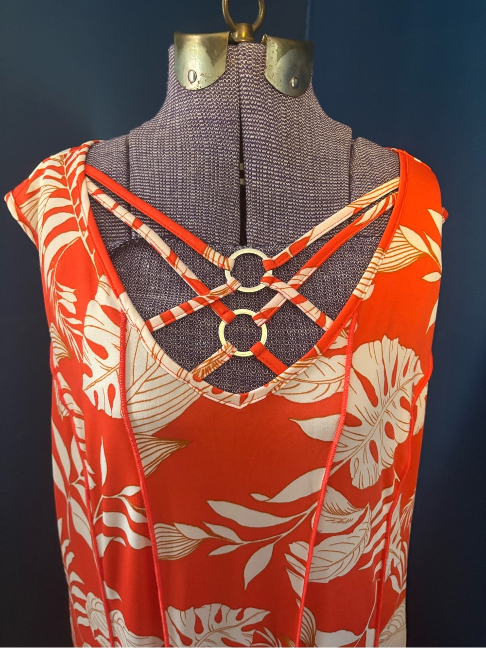 Sami & Jo Orange Tropical Print Dress with Strappy V-Front & Rings - orig $70 - Picture 3 of 10
